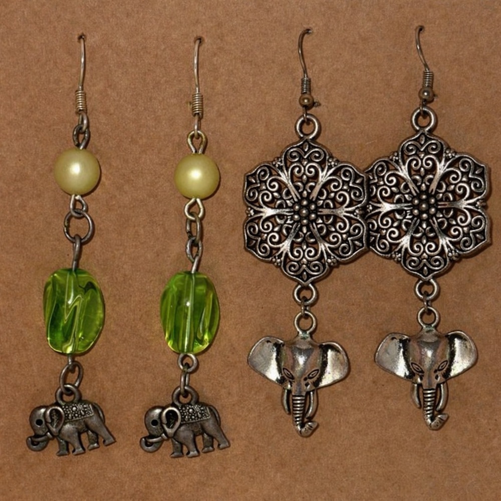 Elephant Dangle Earrings Bundle Set of 2 Boho Silver Tone Statement Jewelry